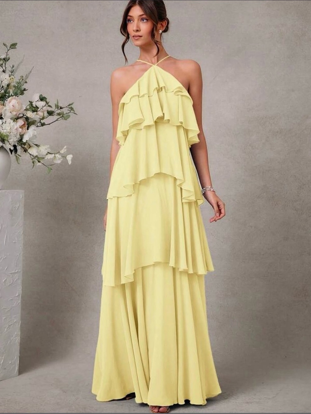 Tiered Ruffle Halter Maxi Dress in Pale Yellow